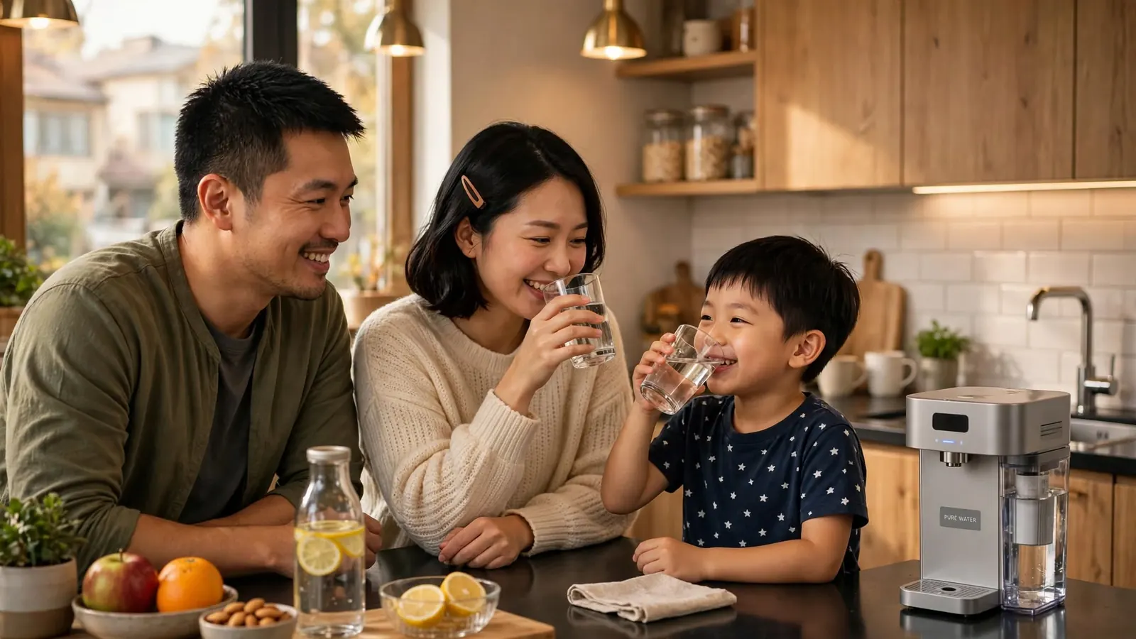 家庭在廚房飲水的 AI 情境示意圖，搭配淨水器規劃說明