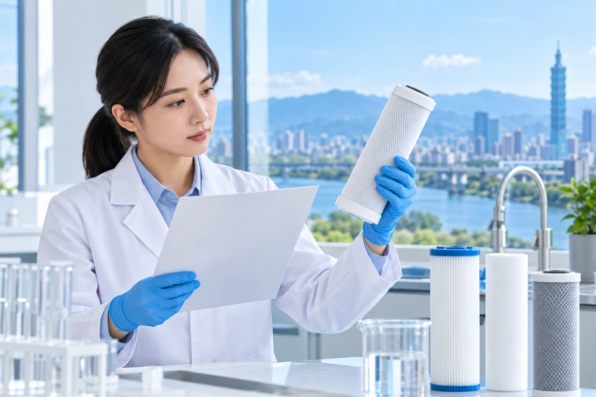 檢視濾芯及文件，呈現 NSF 認證查核情境的示意圖