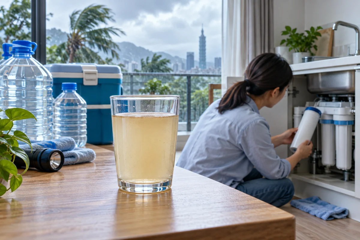 颱風後自來水混濁的水杯與檢查濾芯情境示意圖