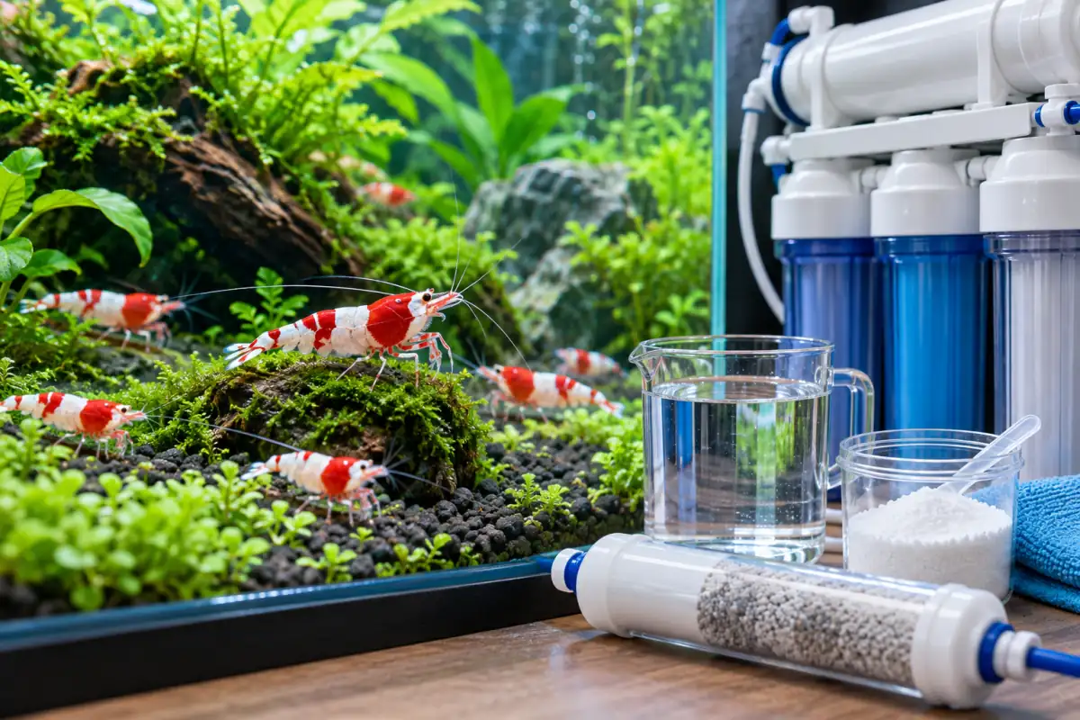 水晶蝦魚缸與 RO 設備，呈現水晶蝦 RO 水調配的示意圖