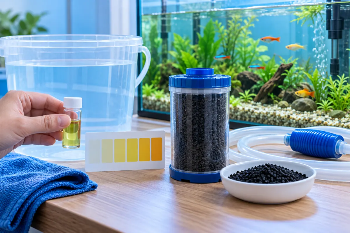 魚缸旁的活性碳濾芯與除氯檢測工具，呈現自來水養魚議題的示意圖