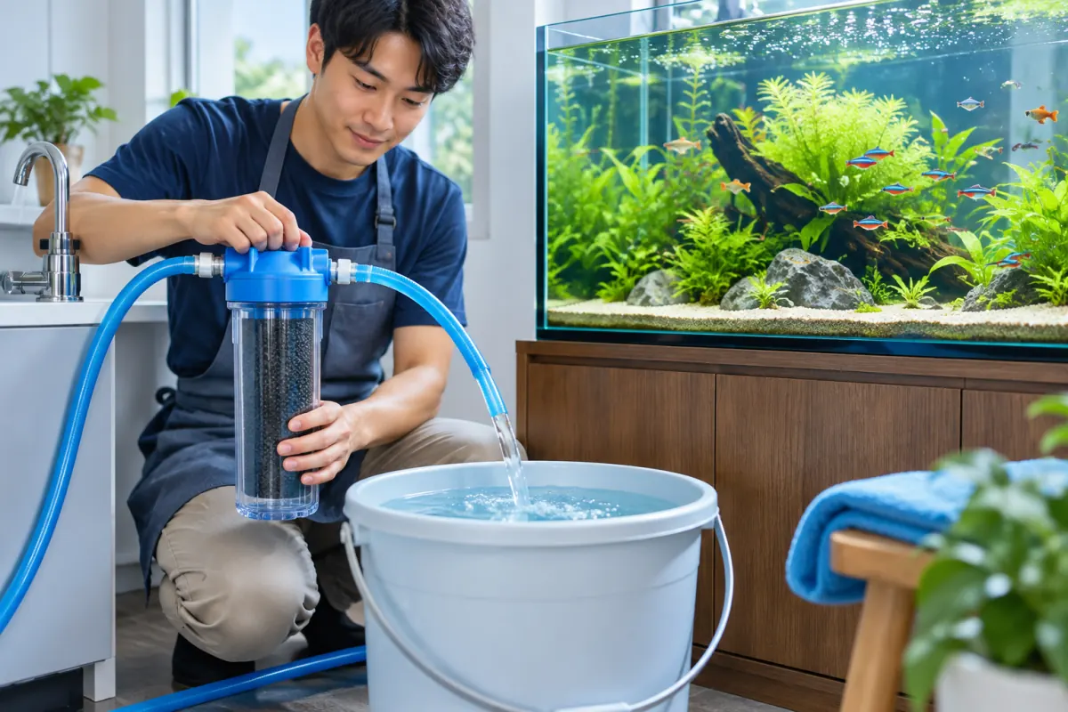 水族換水時以專用軟管將新水注入水桶的示意圖