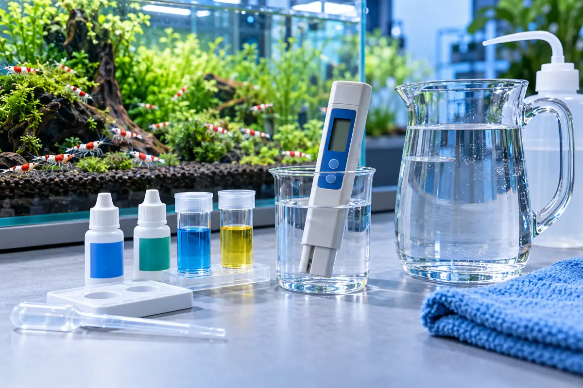 水族 TDS 測量筆、水質試劑與魚缸旁水杯的示意圖